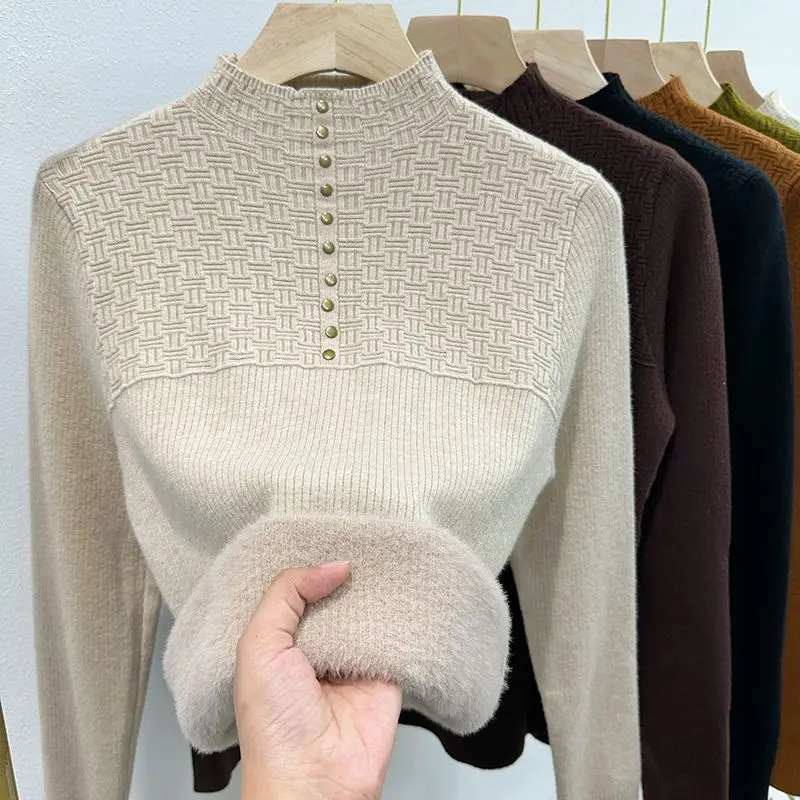 Women Winter Half turtleneck Plush Lined Sweater Casual Thicken Warm Knit Tops Korean Pullover Soft Plus Velvet Knitwear Jumper