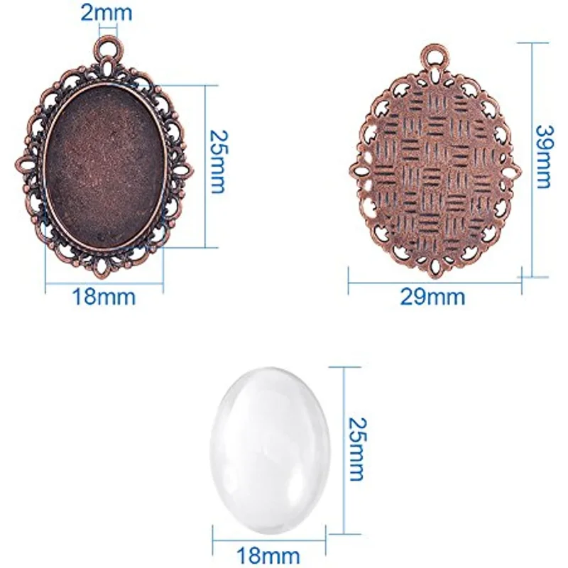 30pcs 5 Color Oval Pendant Trays Bezel 30pcs 25 x 18mm Glass Cabochon Dome Tiles Clear Cameo Memorial Photo Pendant DIY