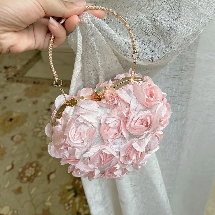 Soft Pink Satin Rose Flower Dinner Bag Small Fragrant Romantic Fairy Elegant Heart Metal Ring Handbag