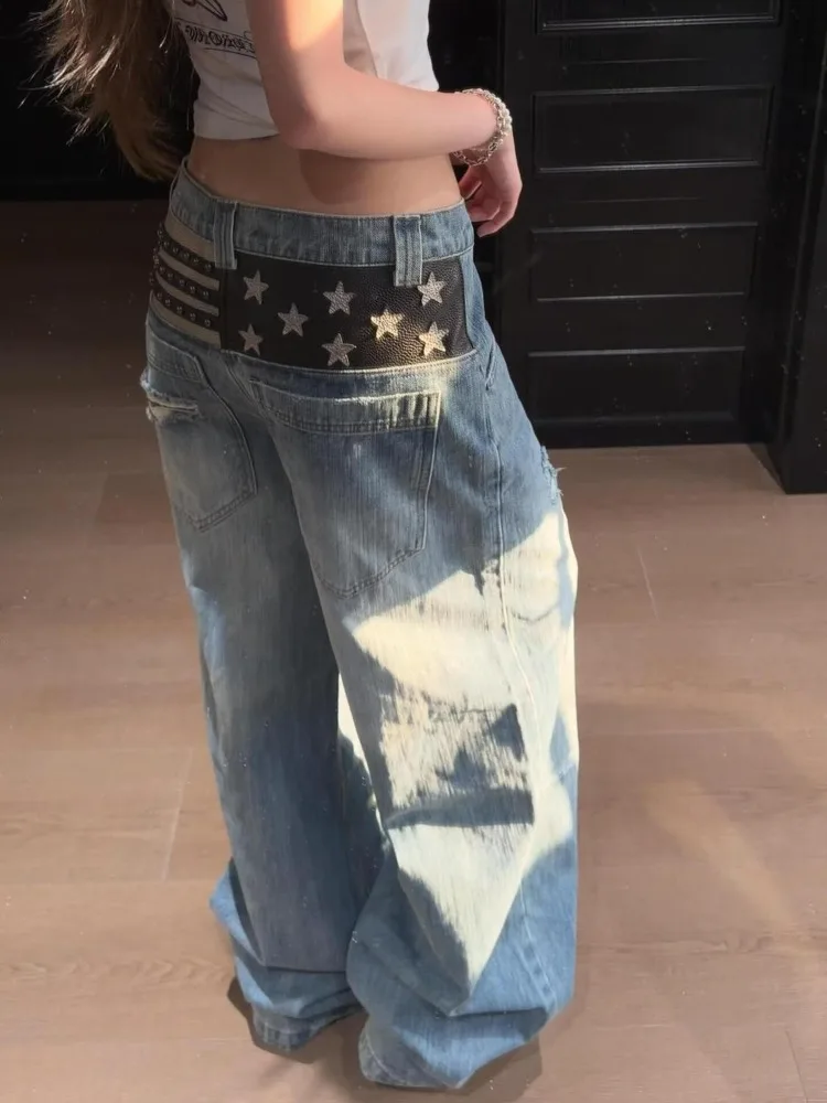 Vintage Y2K Plus Size Low Rise Wide Leg Jeans Women Distressed Ripped Star Patch Washed Slimming Casual Streetwear Outfit