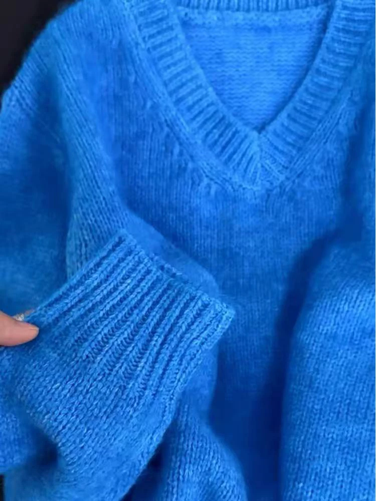 فضفاض طويل Sve V-Ne محبوك سترة المرأة الخريف الشتاء جديد Sle لينة كسول الأزرق الأعلى مريحة تناسب قسط Quali