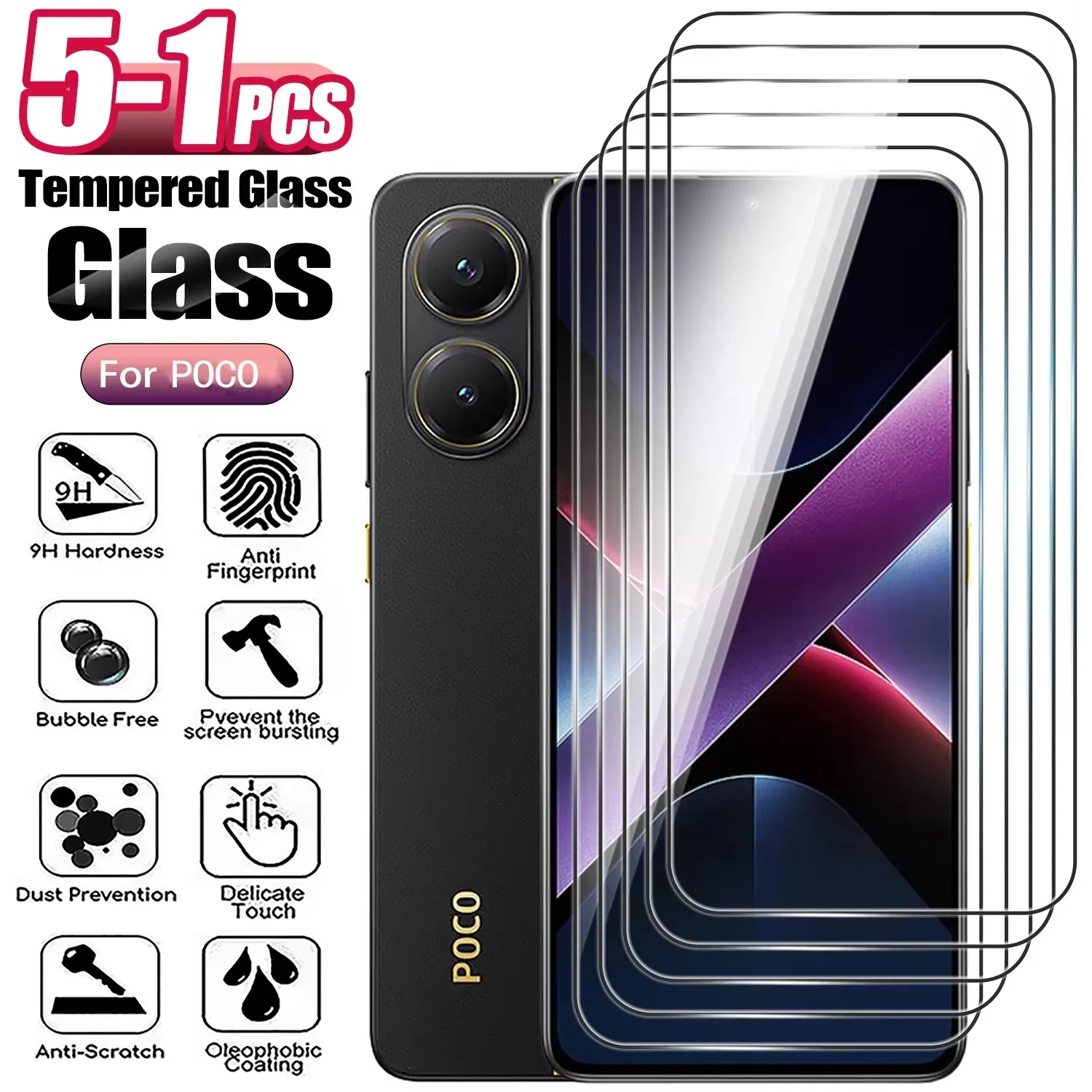 1-5PCS HD Tempered Glass For Poco X8 Pro Max X8 X7 X6 X4 X3 Pro X2 F8Ultra F8 F6 F5Pro M6 M5 Fingerprint Unlocking Not Supported