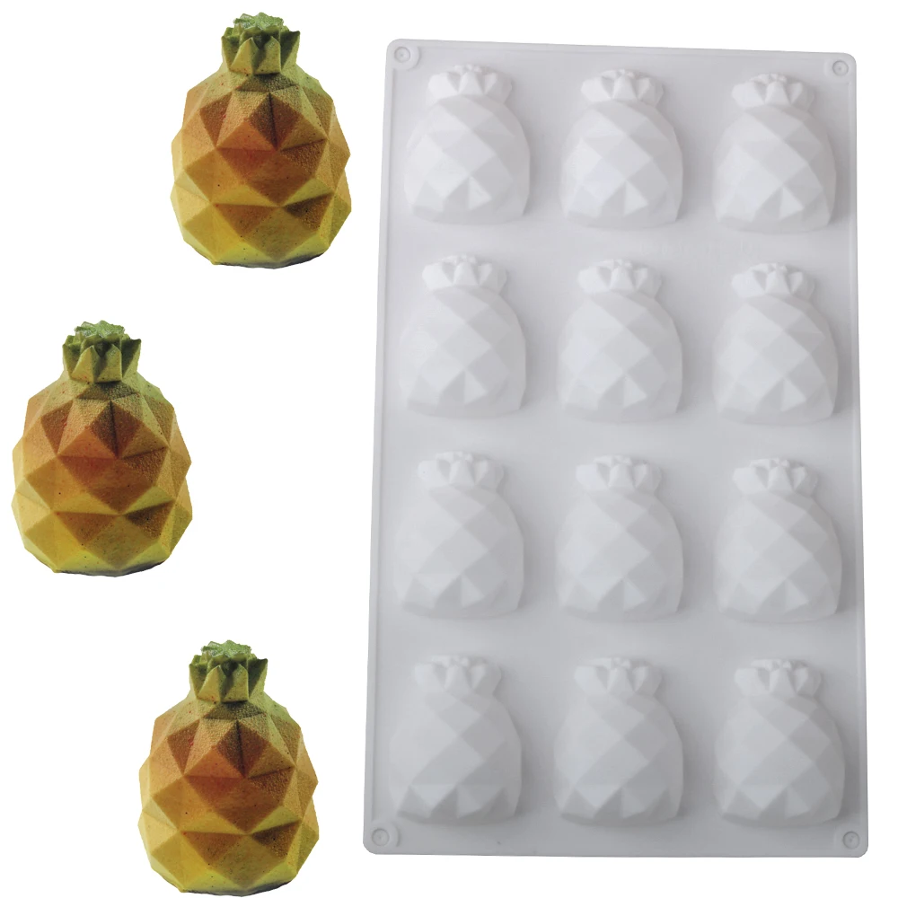 Molde para Mousse de silicona con forma de fruta, 12 cavidades, diamante, piña, pastel, pudín de Chocolate, pastelería francesa, molde para hornear