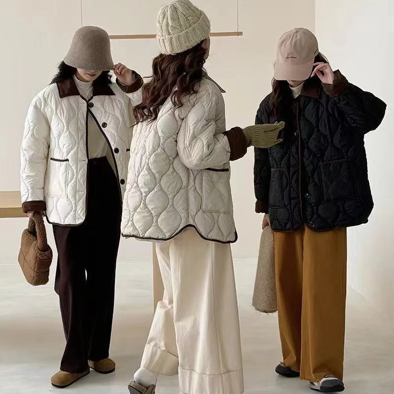 Autumn Down Cotton Padded Jacket Women's 2025 Contrast Lapel Rhombic Thin Short Loose Spring Cotton Padded Casual Coats Female