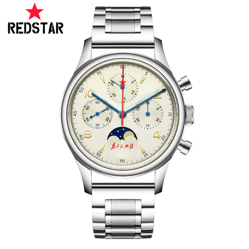 SEAKOSS RED STAR 1963 Moon Phase Chronograph Mechanica Men\'s Stainless Steel Watches ST1908 Manual Winding Sapphire 40mm Watch