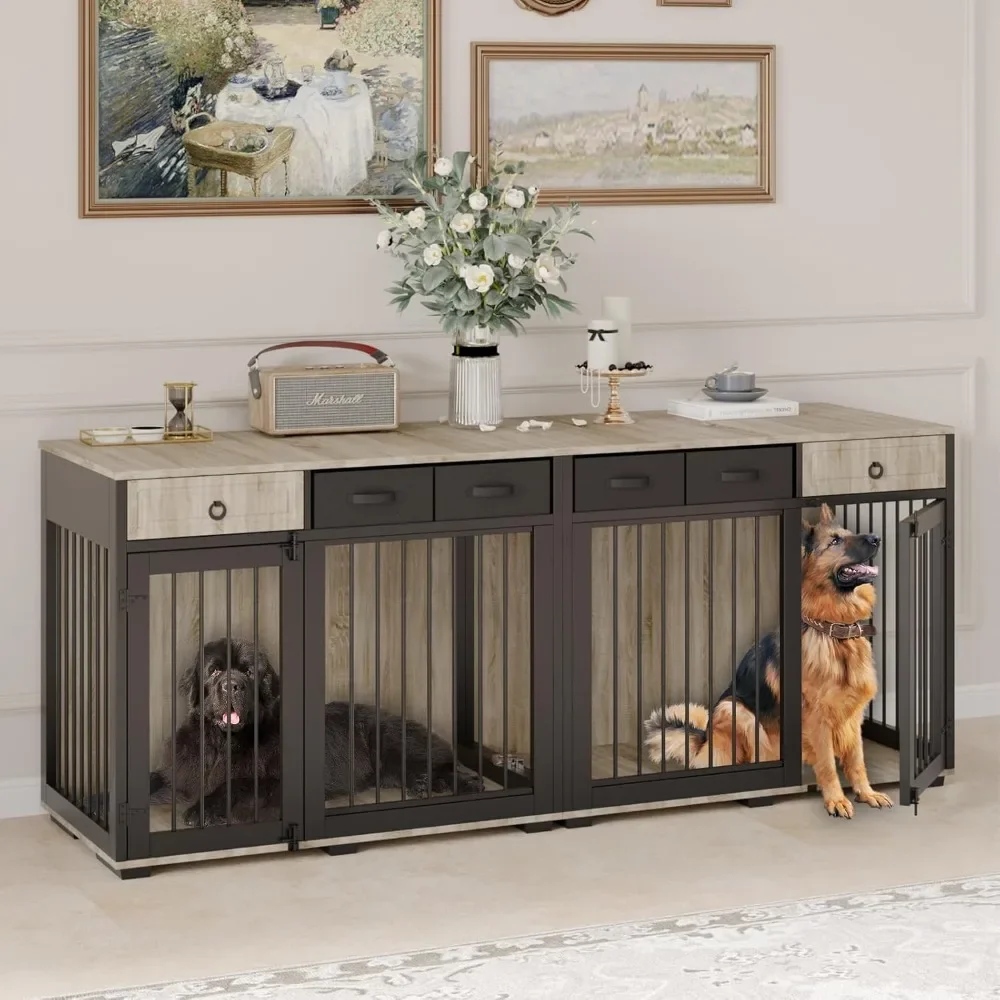 

85.4" Dog Crate for 2 Dogs,Heavy Duty Wooden Double Dog Kennel Cages TV Stand Table with 6 Storage Drawers and Divider Indoor