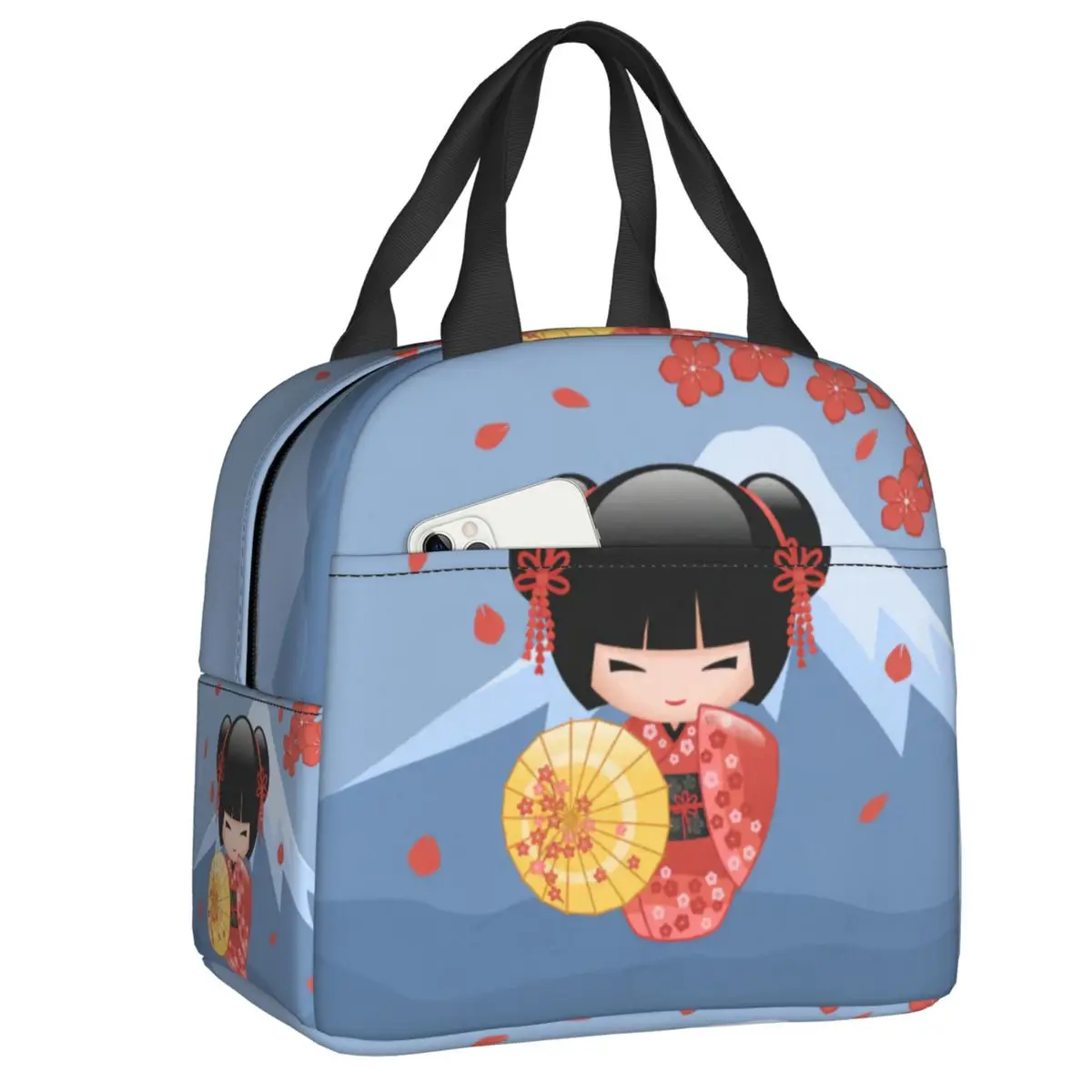 Custom Kokeshi Doll Thermal Insulated Lunch Bag Women Portable Lunch Tote for Work School Travel Storage Food Bento Box