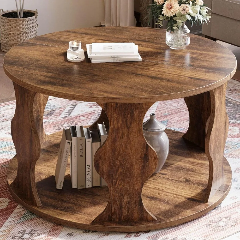 Rustic Brown Circle Center Table with Storage, Farmhouse Wooden Living Room Coffee Tea Tables in Sm，Round Wood Coffee Table