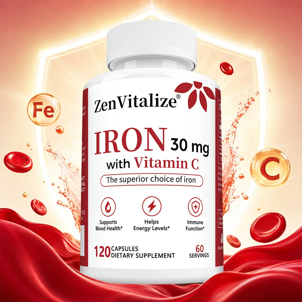 Iron with Vitamin C Supplement Capsules, Boost Energy Relieve Fatigue, Support Red Blood Cell Cognitive Function & Immune Health