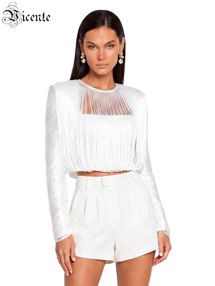 VC Luxury White Fringe Crop Top Women Long Sleeve Tassel Blouse Elegant Party Clubwear Statement Top Y2K Festival Outfit