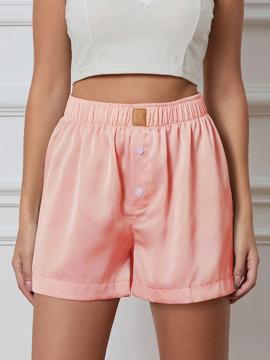 

Women's Summer Casual Shorts Contrast Color Small Block Buttons Decorative Solid Color Elastic Waist Loose Shorts Lounge Bottoms