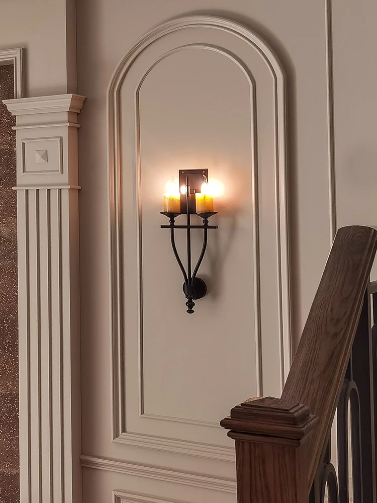 

American Living Room Background Wall Lamp Aisle Vintage Double Head Dolomite Candle Iron Black Bedroom Bedside LED Wall Lamp
