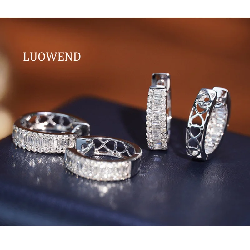 LUOWEND 100% 18K White Gold Earrings 0.50carat Real Natural Diamond Hoop Earrings for Women Classic Design High Party Jewelry