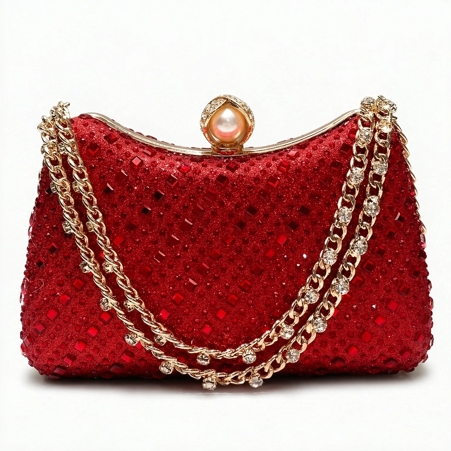 Glam Red Full Rhinestone Double Sided Evening Clutch, Hard Shell with Pearl Rhinestone Ball Clasp & Rhinestone Chain for Wedding