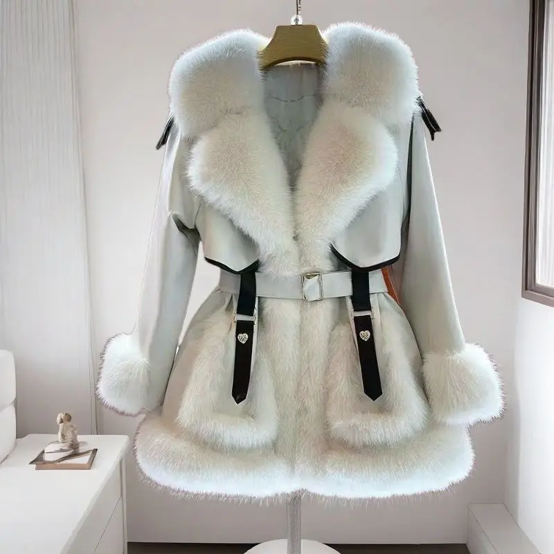 Female Temperament Big Fur Collar Lace Up Medium To Long Style Fur Jacket, Women's 2026 Winter New Item, Warm Fur One-piece Top