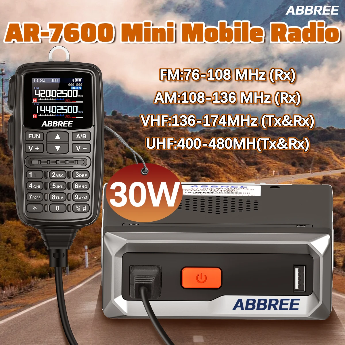 ABBREE Mini Mobile Radio Airband 30W VHF UHF FM Wireless Copy Frequency NOAA FM Long Range Car Walkie Talkie With Speaker Mic