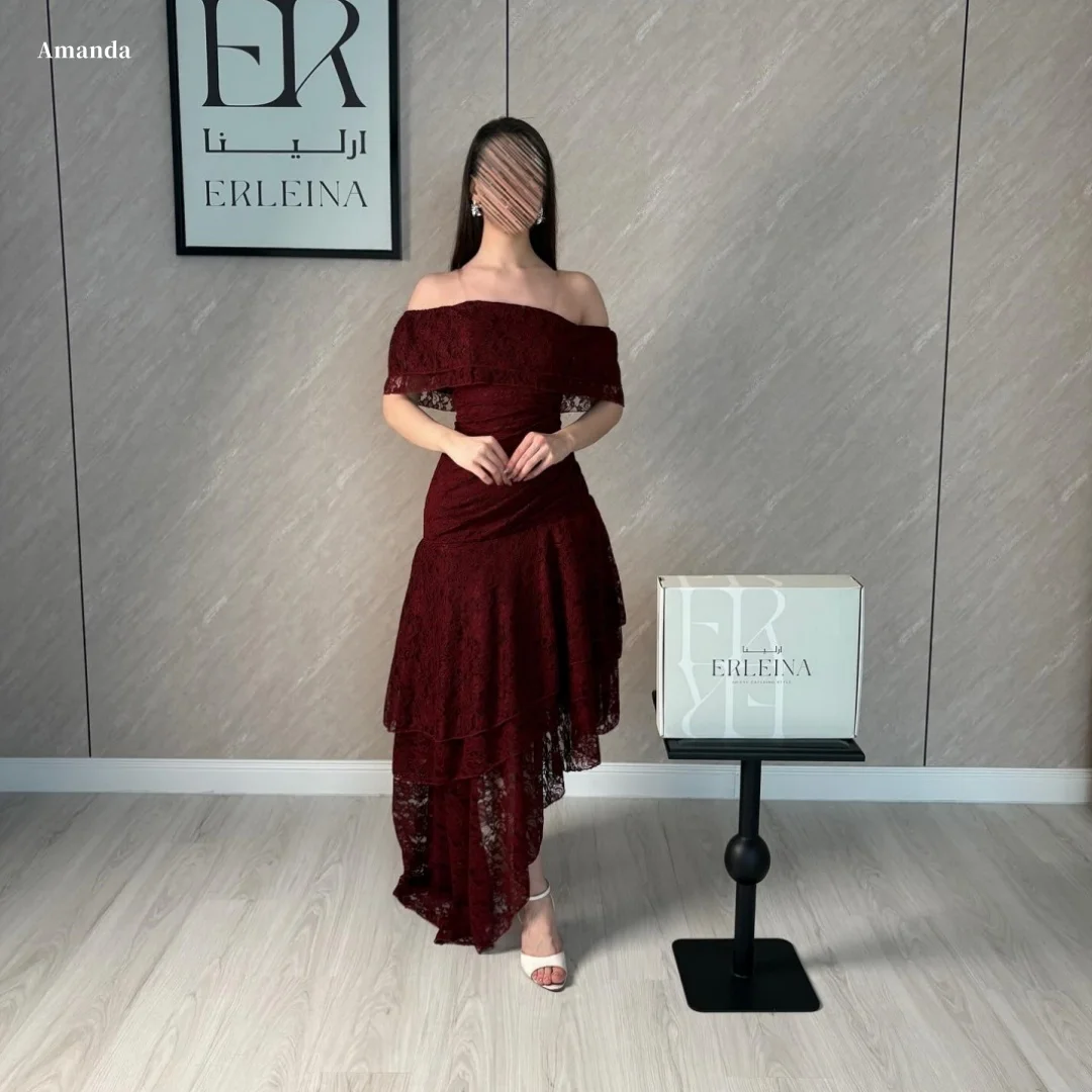 Amanda Customized Burgundy Off Shoulder Prom Dress Lace Overlay High Low Hem Exquisite vestidos de noche Ideal Formal Evening