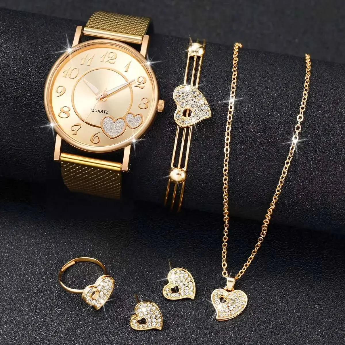 6PCS/Set Fashion Plastic Band Women's Watch Female Quartz Watch Rhinestone Heart Jewelry Set(Without Box)