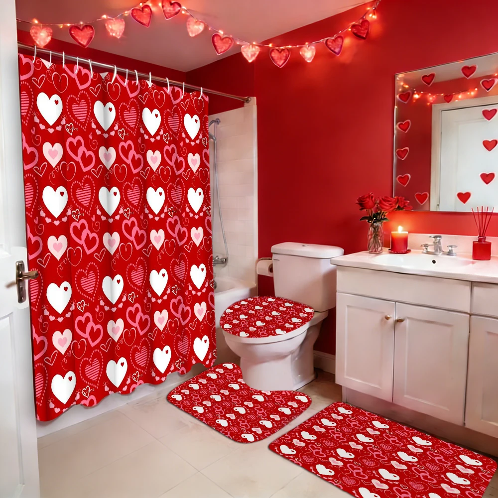 

День святого Валентина, занавеска для душа с узором в виде сердца, наборы для ванной, водонепроницаемый нескользящий коврик для ванной комнаты, туалет U с 12 крючками, домашний деко