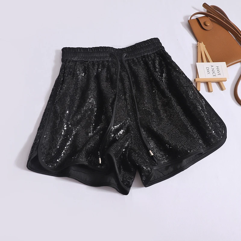 Gagarich Pailletten Mode stilvolle elastische hoch taillierte schlanke Shorts Frauen Sommer neue Luxus Temperament vielseitige Hose mit weitem Bein