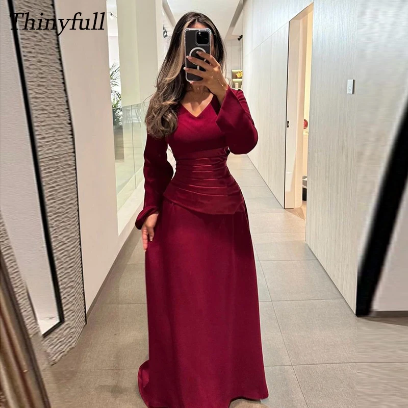 

Thinyfull A-line Satin Arabia Evening Party Gowns V-neck Full Sleeves Prom Dresses Dubai Formal Occasion Dress Customized