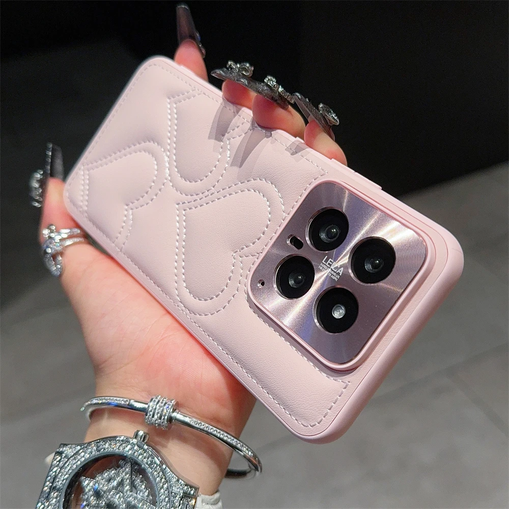 

Cute Love Heart Leather Case Xiaomi 14 13 Pro Luxury Solid Color Down Jacket Pattern Camera Protection Shockproof Phone Cover