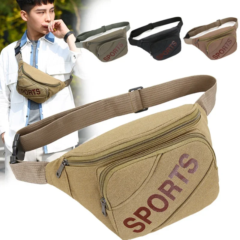 Canvas Waist Bag Mens Multi-compartment Sports Chest Bag Small Cloth Bag Mobile Phone Bag Fitness Bag Multi-functional Wallet