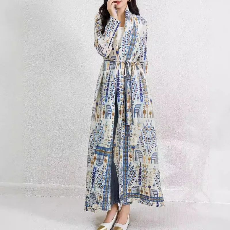 Muslim Middle East Trench Coat 2024 New Print High-end Temperament Women's Lace Up Robe Jacket