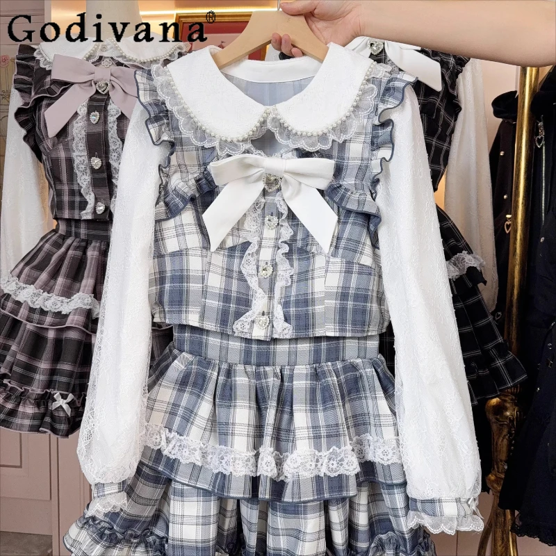 

Japanese Mass-Produced Sweet Plaid Shirt Skirt 2-Piece Set Autumn New Girls Cute Bow Long Sleeve Top and Skirt Women's Outfits