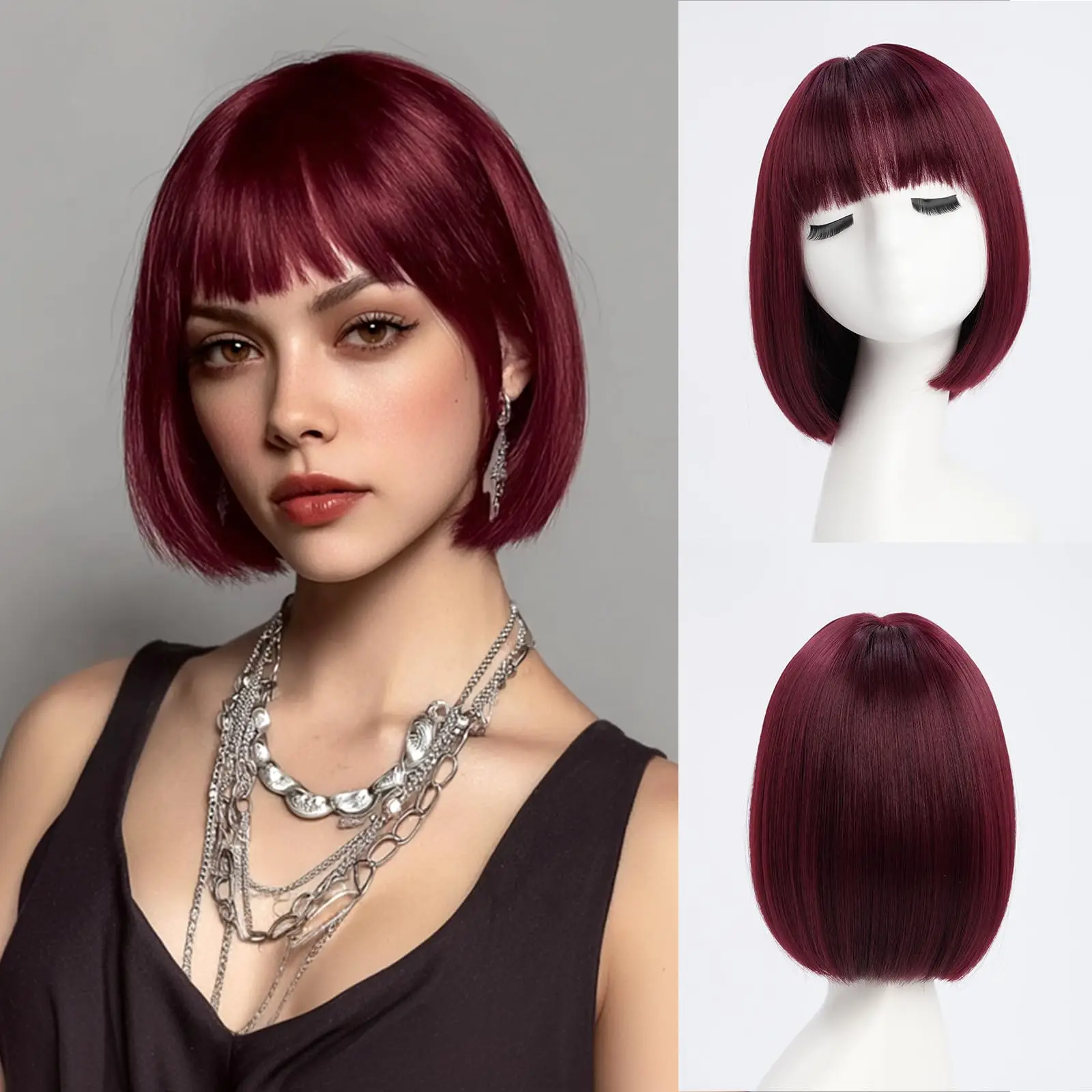 

Синтетический парик цвета красного вина с прической боб для вечеринок, парик для косплея на Хэллоуин, парик для ежедневного использования, устойчивый к высоким температурам, комплект париков.