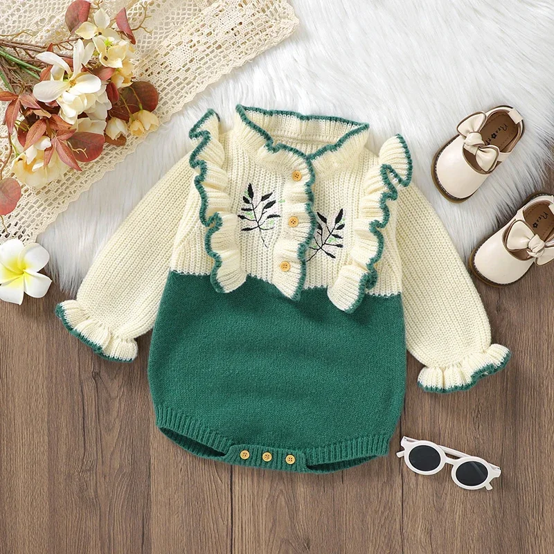 

Autumn Baby Bodysuit Knit Infant Girl Jumpsuit Long Sleeve Newborn Clothes 0-18M Overalls Tops Fashion Embroidery Ruffles Romper