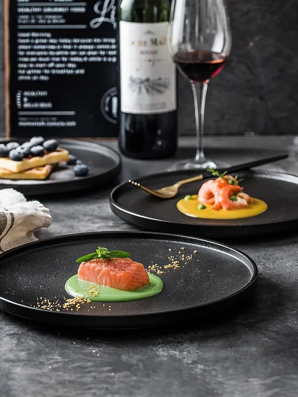 Black Matte Ceramic Steak Plate Restaurant Diningware Pasta Plate Scratch Resistant Wear Resistant Ins Dinnerware round Shape