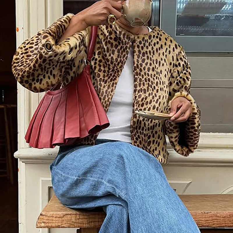 

Модная темпераментная приталенная куртка с длинными рукавами, женская уличная одежда с круглым вырезом и леопардовым принтом, осенне-зимний теплый повседневный кардиган