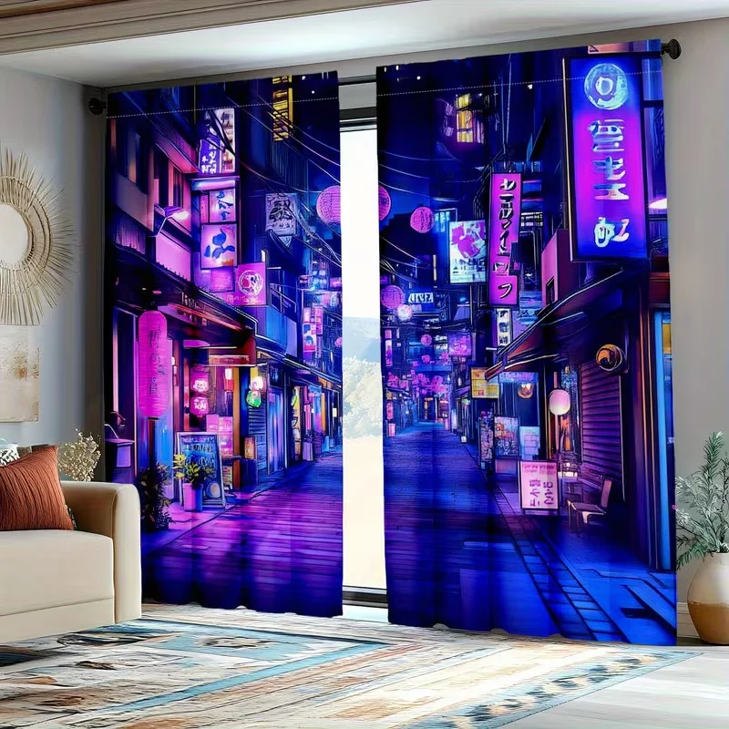 

2 шт. шторы с неоновым принтом в стиле городского дизайна, подходят для спальни, гостиной, кухни, украшения дома, декора окон.