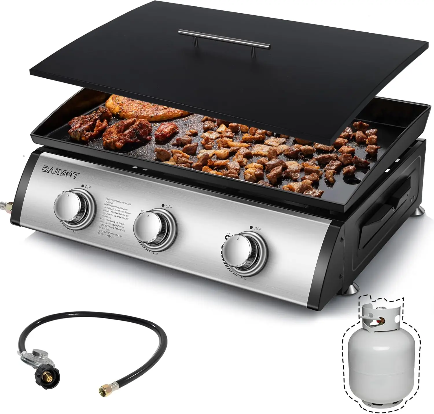 Parrilla superior plana con plancha de gas de 24", 3 quemadores, encimera de acero inoxidable de 30.000 BTU con tapa y sartén de hierro, plancha de propano portátil