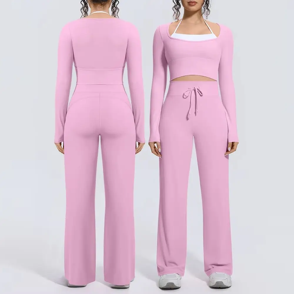 Women Yoga Suit 2PCS Square Neck Long Sleeve Crop Top High Waist Drawstring Wide Leg Pants for Workout Gym Running Fitness Set