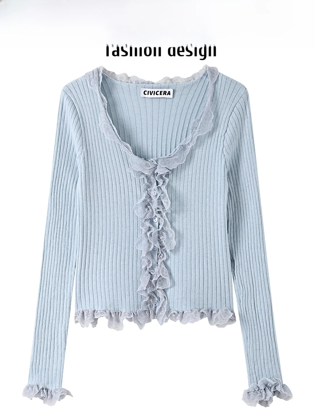 

CIVICERA Sweet Sli V-Ne вязаный открытый кардиган женский летний кружевной отделкой персональный топ тонкий длинный свеч смесь полиэстера