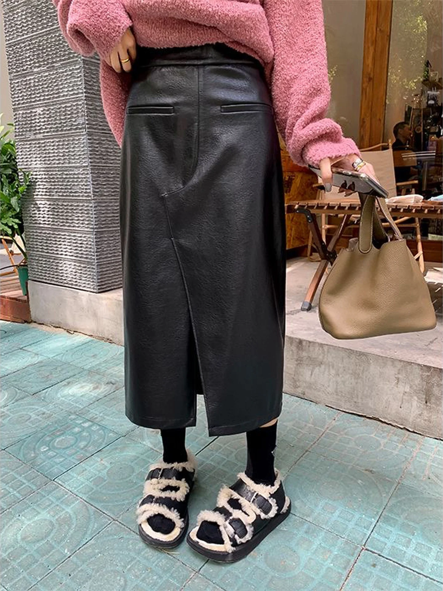 High Waist Asymmetrical PU Leather Skirt for Women Long Straight Cutout Slimming A-Line Wrap Skirt Casual American Style