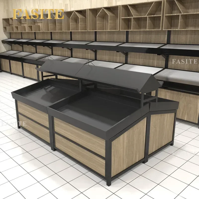 For Supermarket Convenience Store Fruit Vegetable Display Shelf Steel Wood Single Double Sided Multi Layer Retail Shop