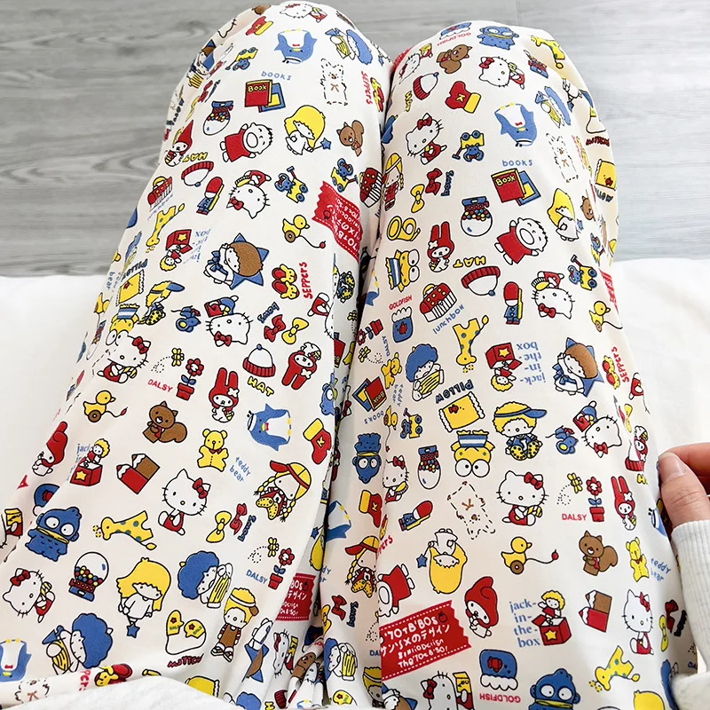 Sanrio Hello Kitty Pajama Pants Cute Sweet Kawaii Harajuku Korean New Floral Home Pants Women's Summer Sweet Loose Casual Pants