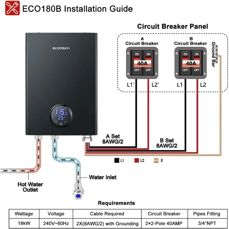 탱크리스 온수 히터, ECOTOUCH 즉시 온수기, 자체 조절 온수 히터, 사용 지점, 18kW, 240V