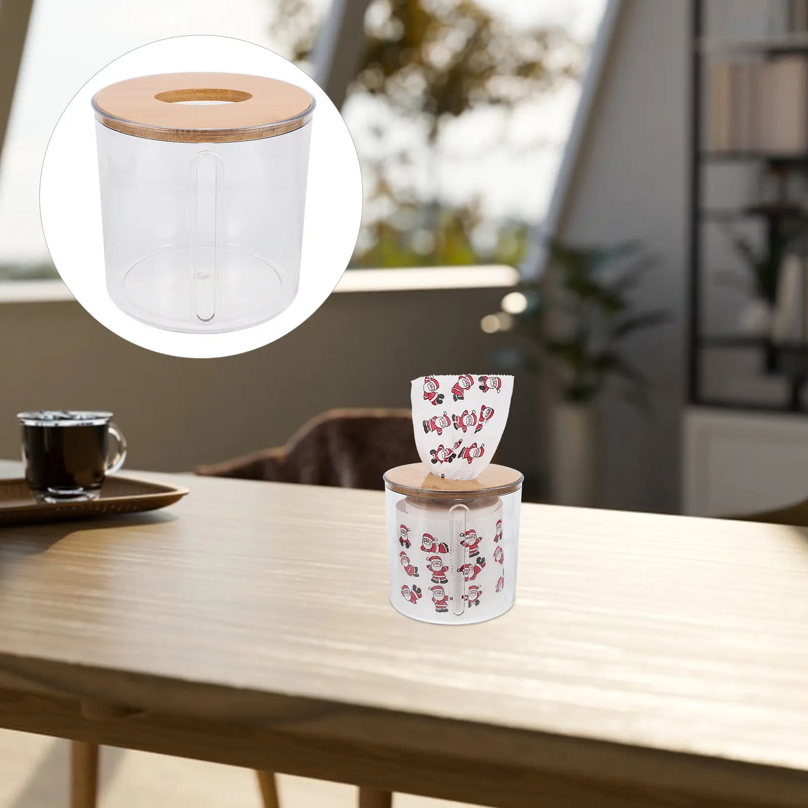 Wall Mounted Toilet Paper Holder – Round Plastic Tissue Dispenser with Wooden Lid for Bathroom Decor
