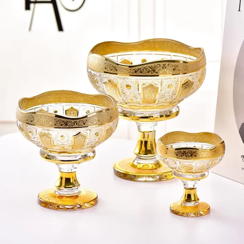 Luxury Gold Electroplated Crystal Glass Fruit Tray with Legs Middle Eastern Bohemian Style Decorative Bowl for Home Table