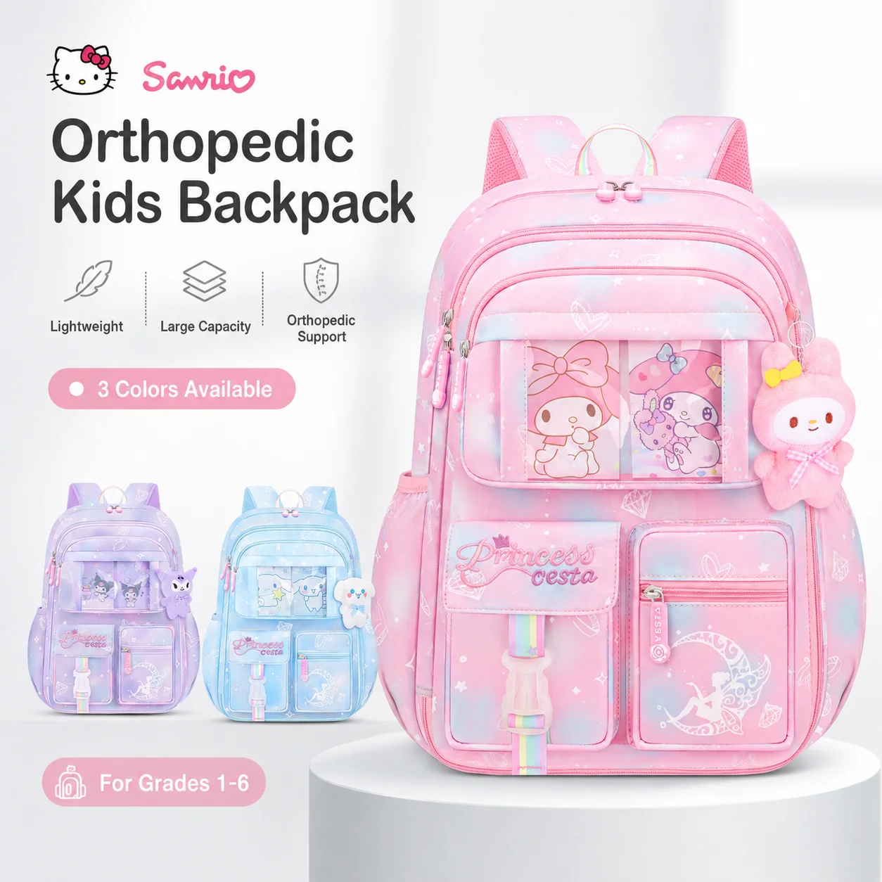 MyMelody Sanrio Backpack Grade 1-6 Primary School Daily Commute Spine Care Large Capacity Student Backpack Back To School Girls