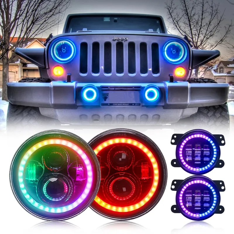 Super Popular 12V 45W Round Headlights Rgb Blue-Tooth Controlled 7 Inch Led Headlight For Jeep Lada Niva Land Rover