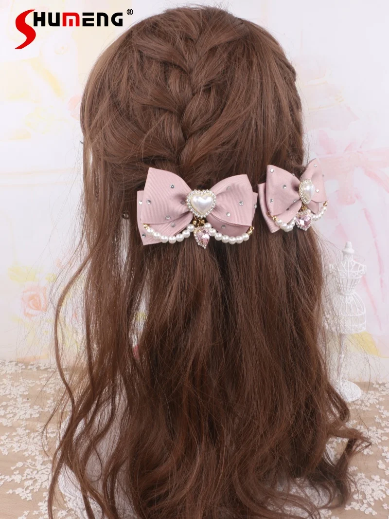 

Japanese Handmade Sweet Cute Girl Lolita Hair Accessories Bow Heart Diamond Pearl Chain Versatile Hair Side Clips Women Headwear