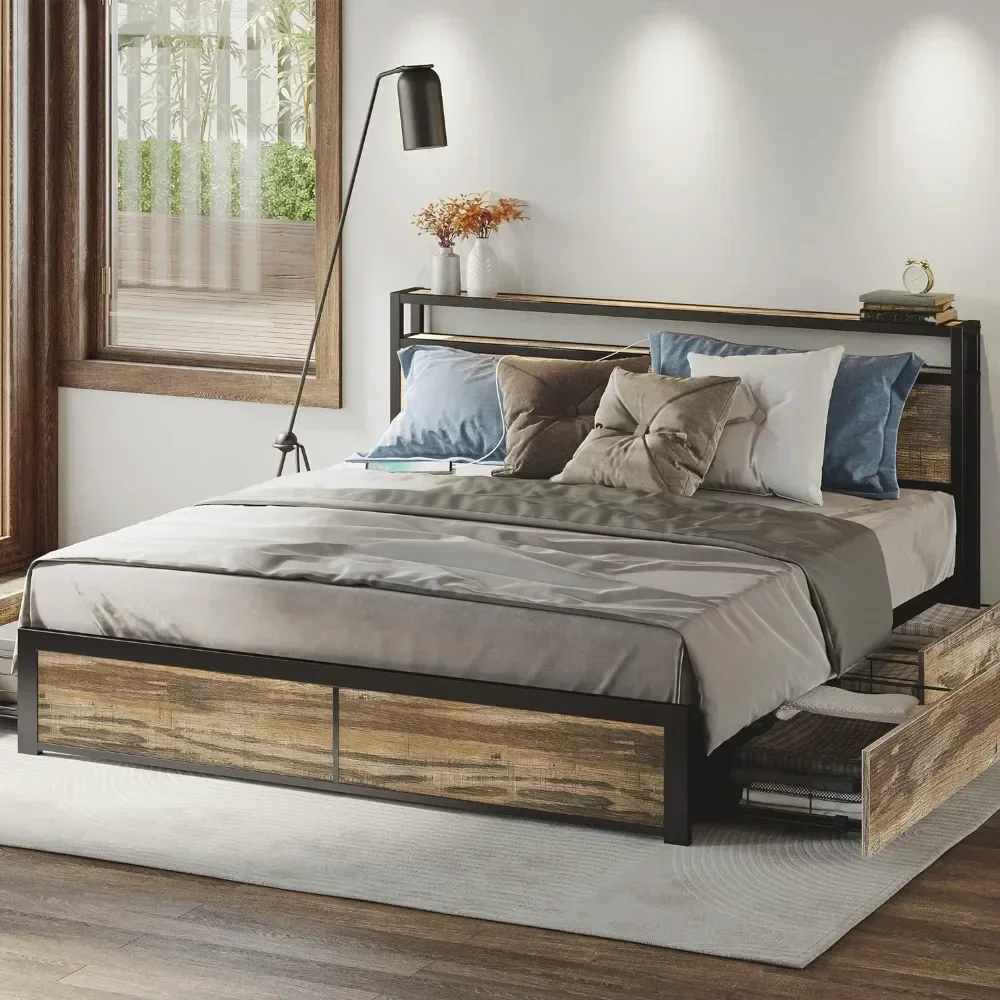 

Queen Bed Frame, 2-Tier Storage Headboard with Charging Station and 4 Drawers, No Box Spring Needed, Easy Assembly