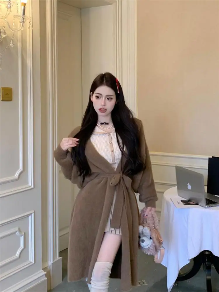 

French 2024 Autumn Winter New Women's Brown Long Cardigan Tops Casual Fashion V-neck Bandage Hooded Sweater Coat Simplicity Chic