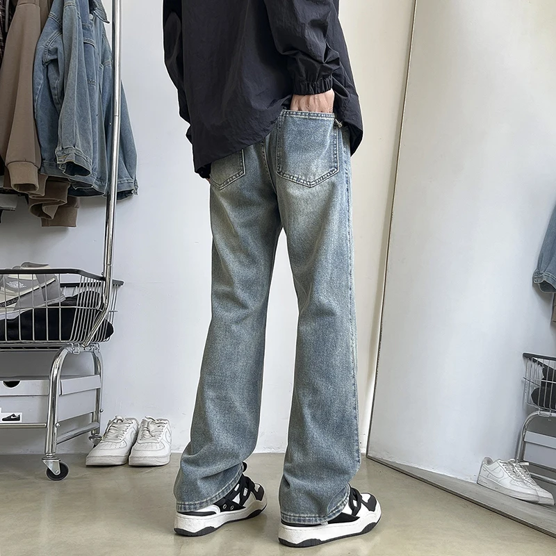 New Men\'s Patchwork Bootcut Jeans Elastic Waist Vintage Classic Blue Black Denim Trousers Fashion High Street Korean Male Pants