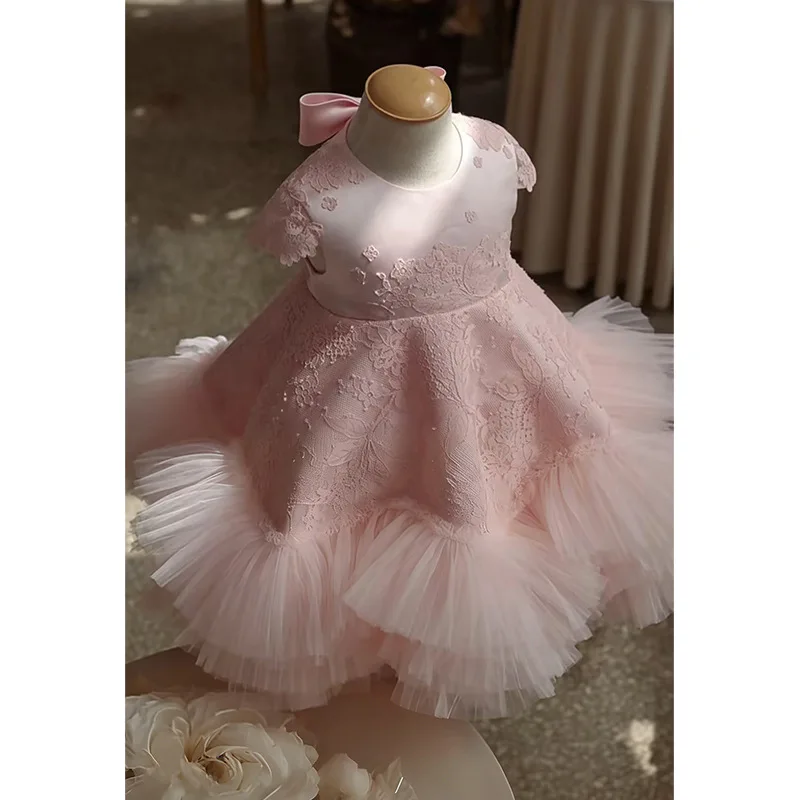 2026 Pink Kids Formal Princess Dress Costume Children  Host Performance Pageant Elegant OutfitNew Rose First Birthday Party Gown